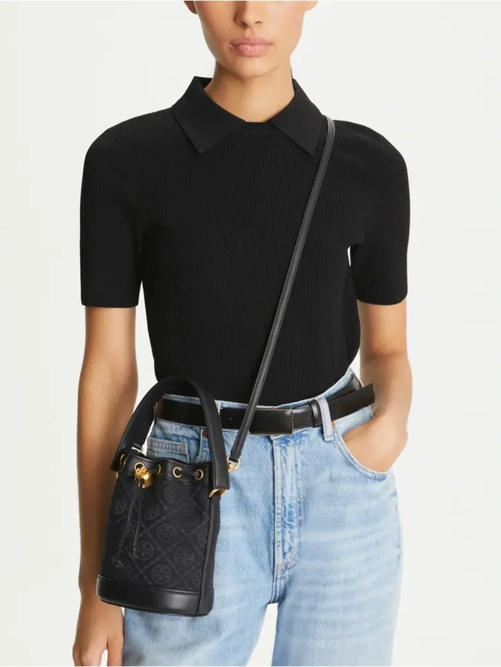 TORY BURCH T Monogram Jacquard Mini Bucket Bag Black Crossbody